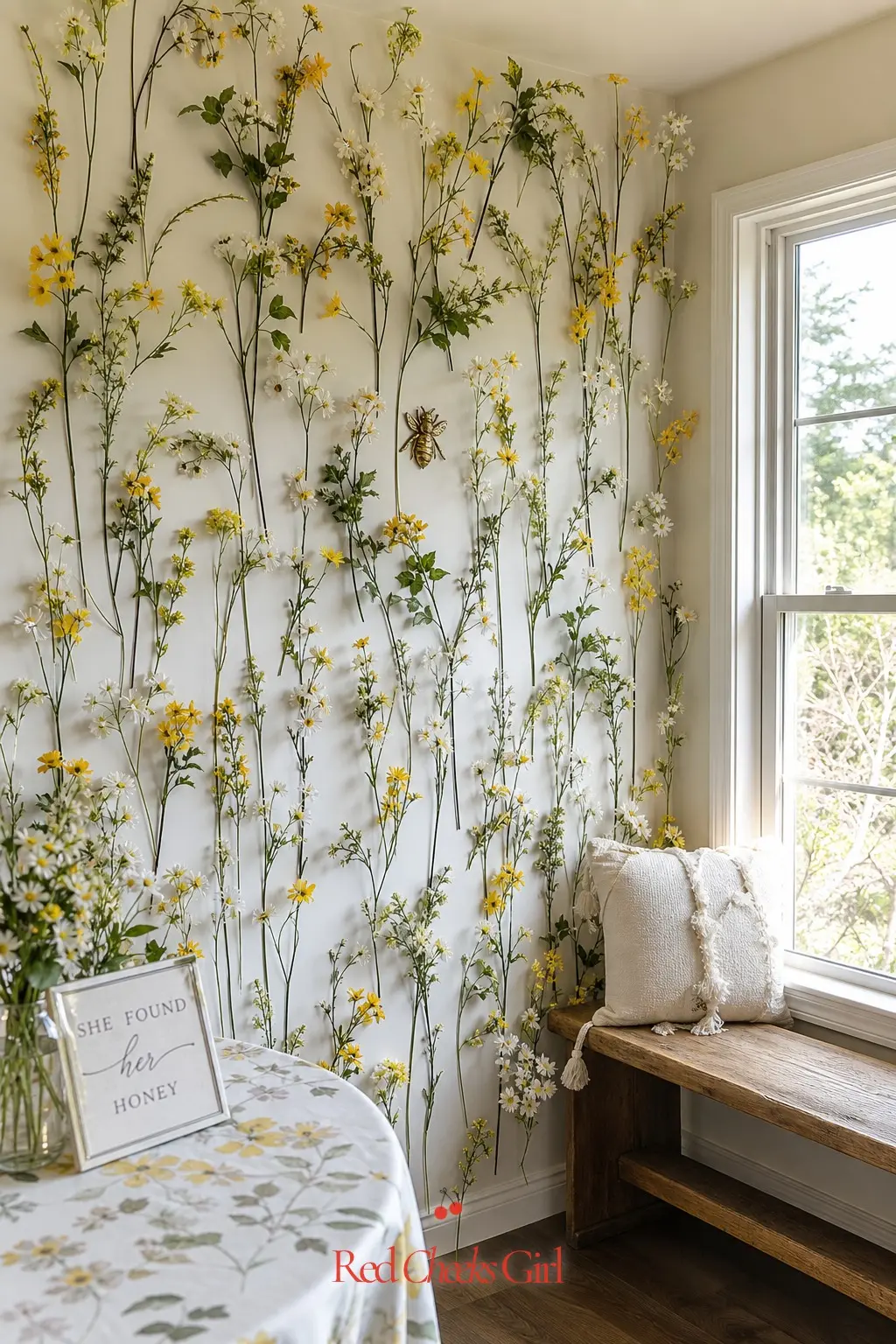 Wildflower and Bee Photo Wall — A photo wall gives guests somewhere to gather that is not the gift table, and it earns its keep in every phone camera roll from