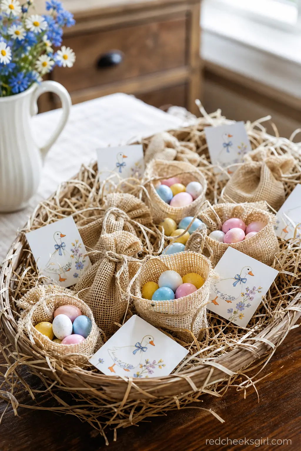 Candy Egg Nest Display — Small burlap bags of candy-coated chocolate eggs sit nestled in a shallow basket lined with dried grass, with a few paper tags reading
