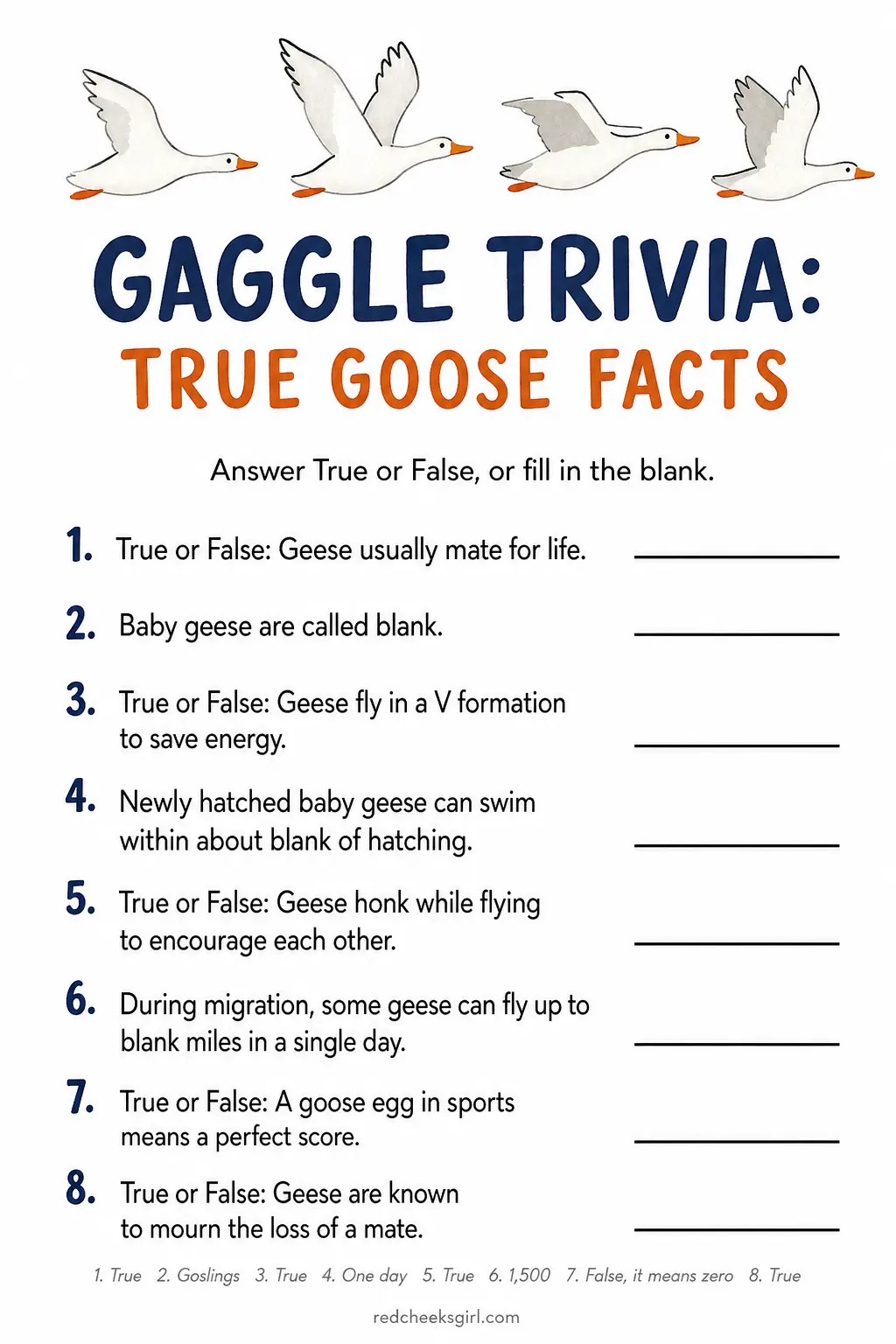 Gaggle Trivia: True Goose Facts printable sheet — A short quiz about real goose behavior, mating, migration, honking, sits mixed into the party and guests