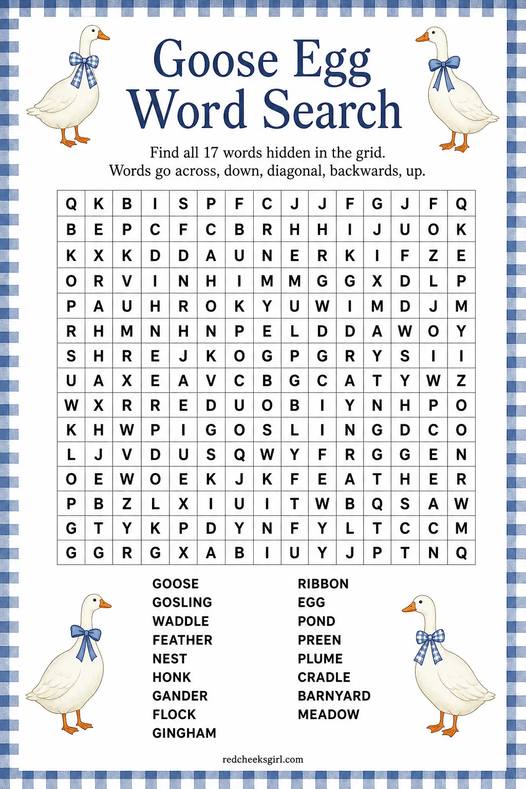 Goose Egg Word Search printable sheet — Guests scan a letter grid for hidden goose and nursery words running across, down and diagonally, a genuinely quiet