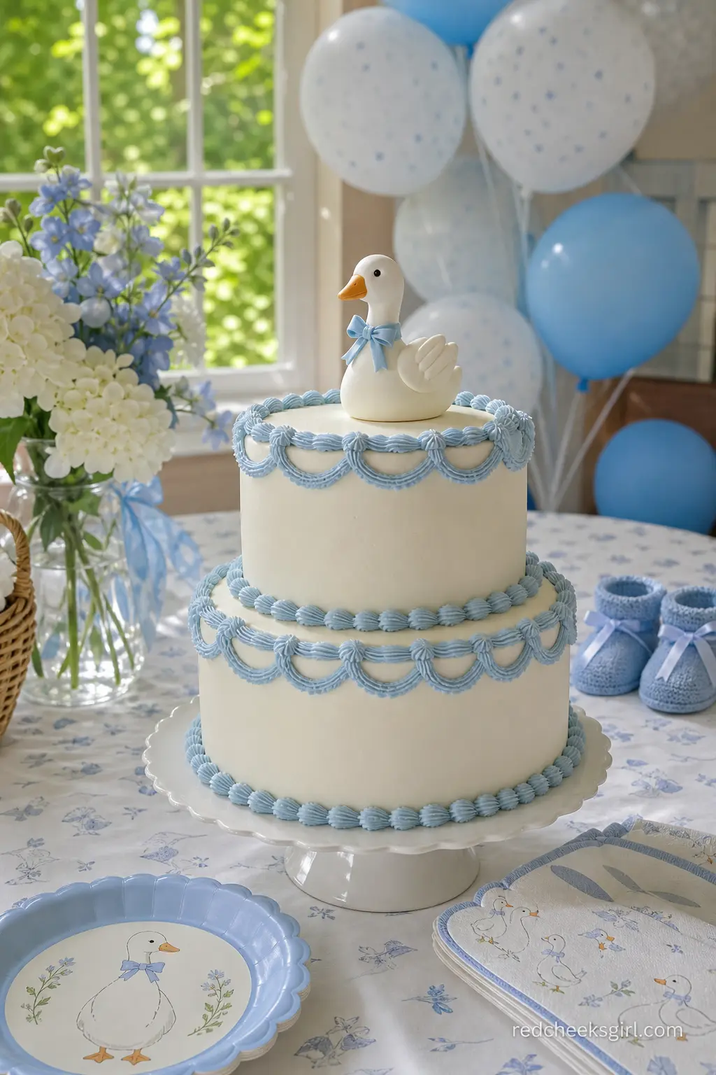 Goose Topper Cake — A smooth white cake with soft periwinkle piping needs only one addition: a single white goose topper with an orange beak and a small blue