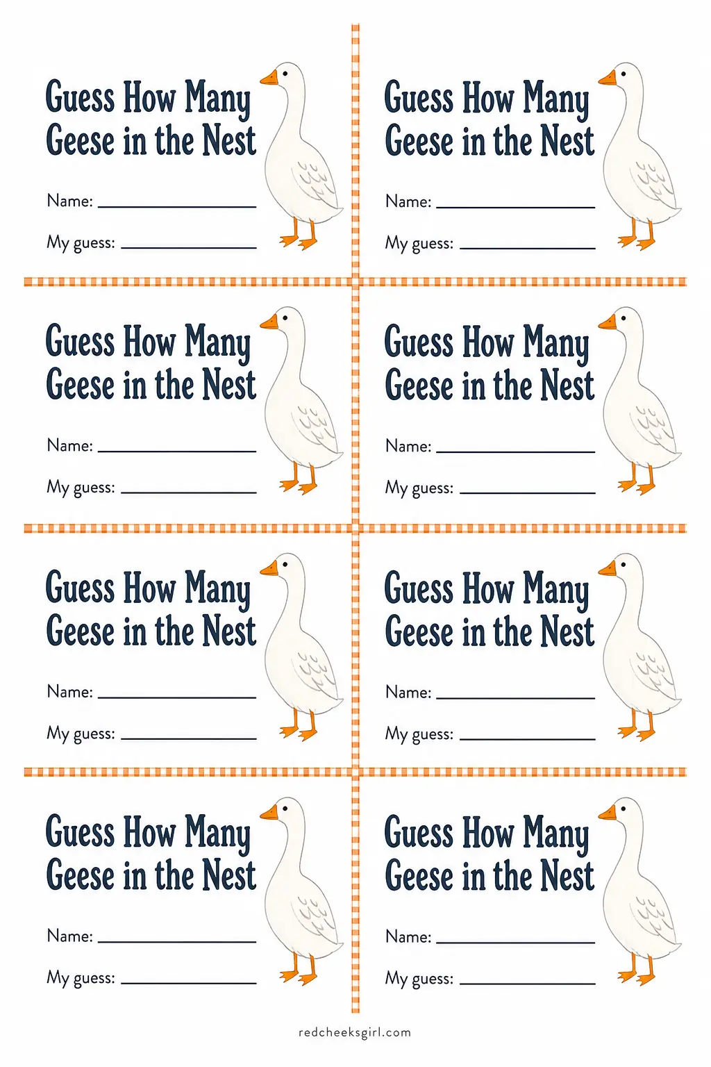 Guess How Many Geese in the Nest printable sheet — A clear jar or basket sits filled with small white goose figurines, cotton balls, or egg-shaped wrapped