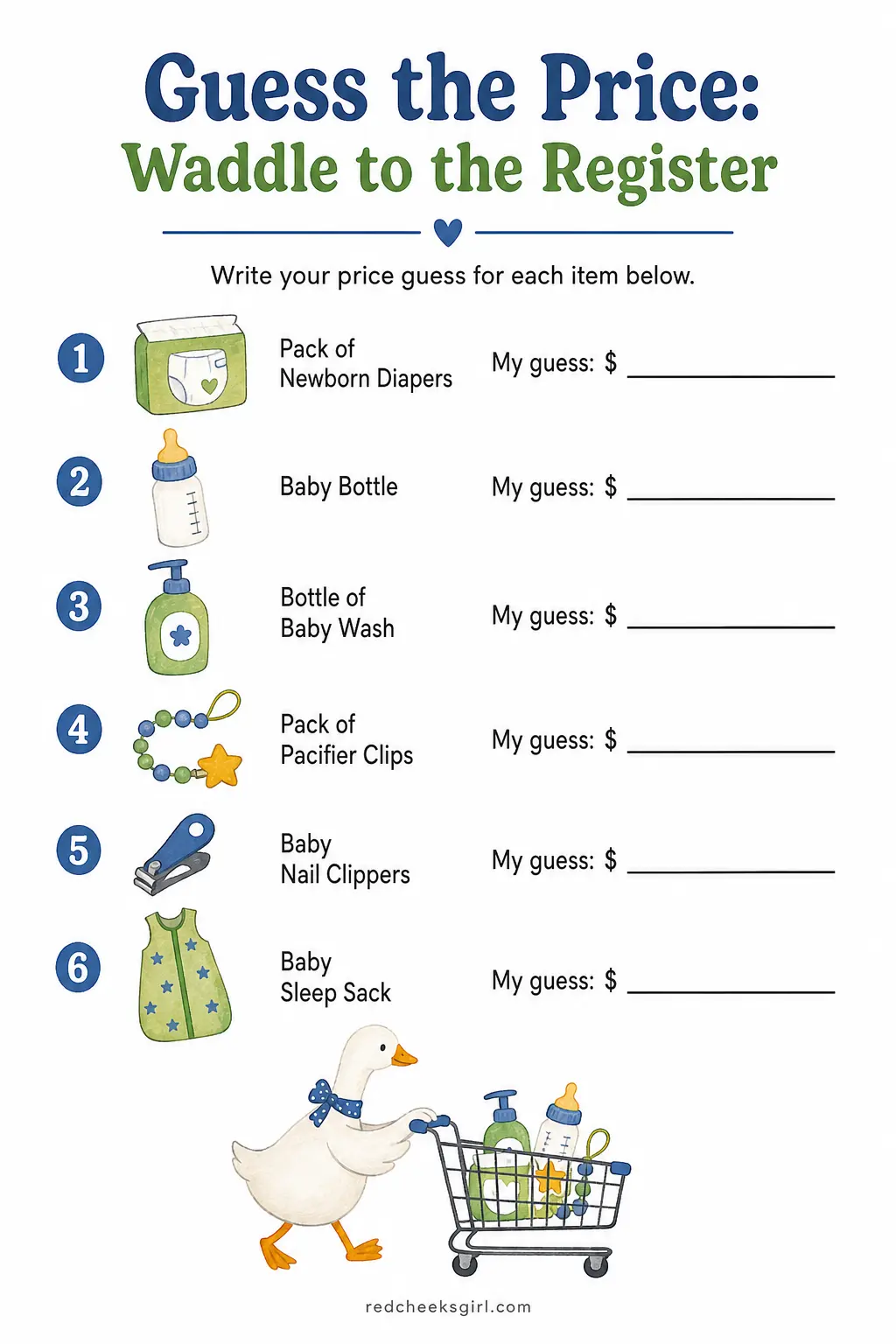 Guess the Price: Waddle to the Register printable sheet — The host displays five or six real baby items still in their packaging, diapers, a bottle, baby wash
