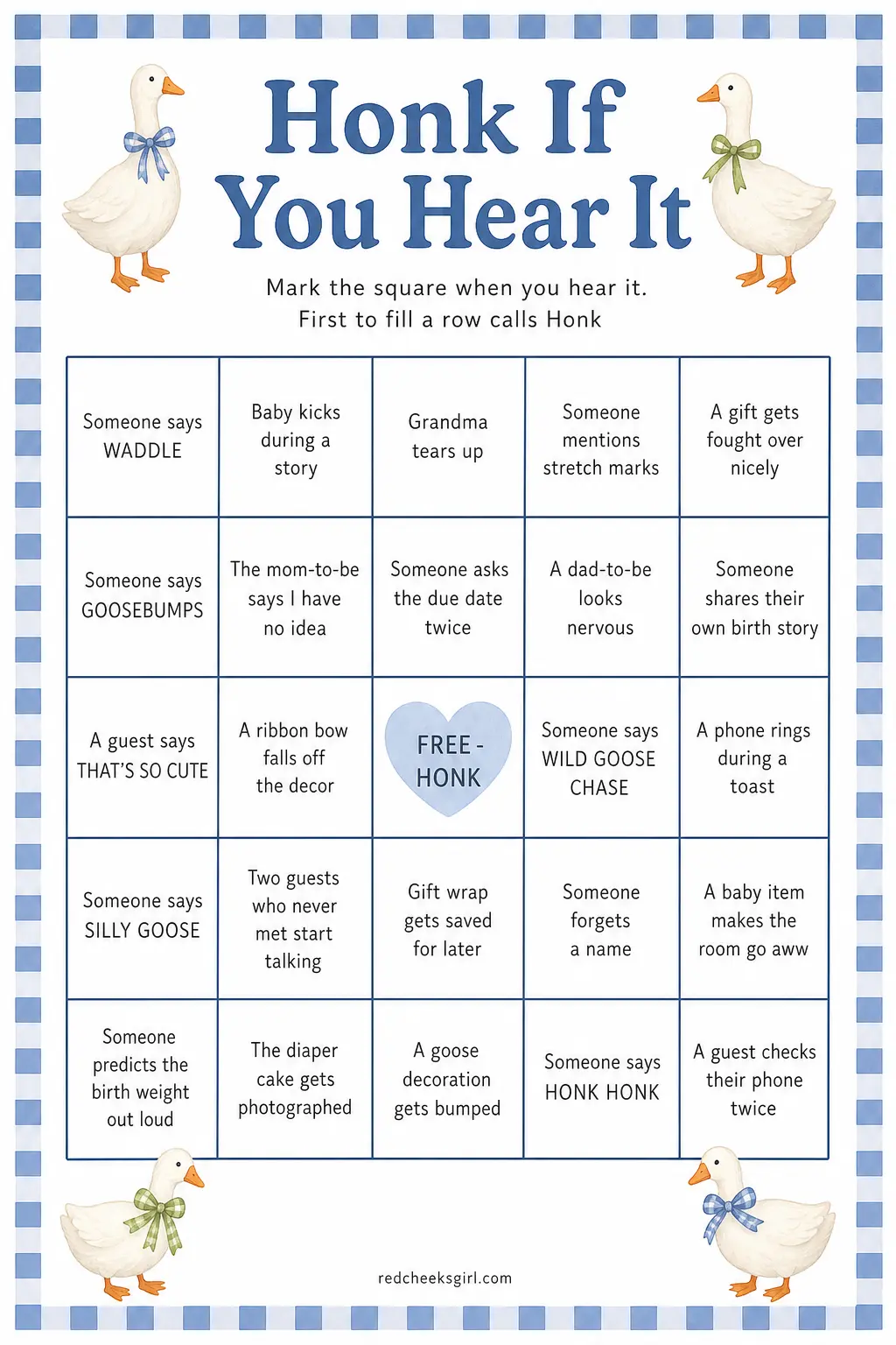 Honk If You Hear It (Goose Pun Bingo) printable sheet — Every guest gets a bingo card filled with goose-pun phrases and party moments instead of the usual baby