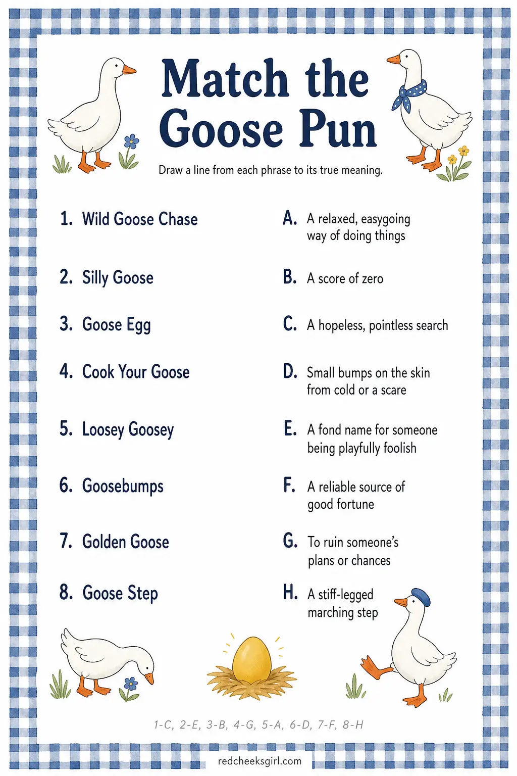 Match the Goose Pun printable sheet — Eight familiar goose phrases sit on the left side of the sheet, their real meanings sit scrambled on the right, and