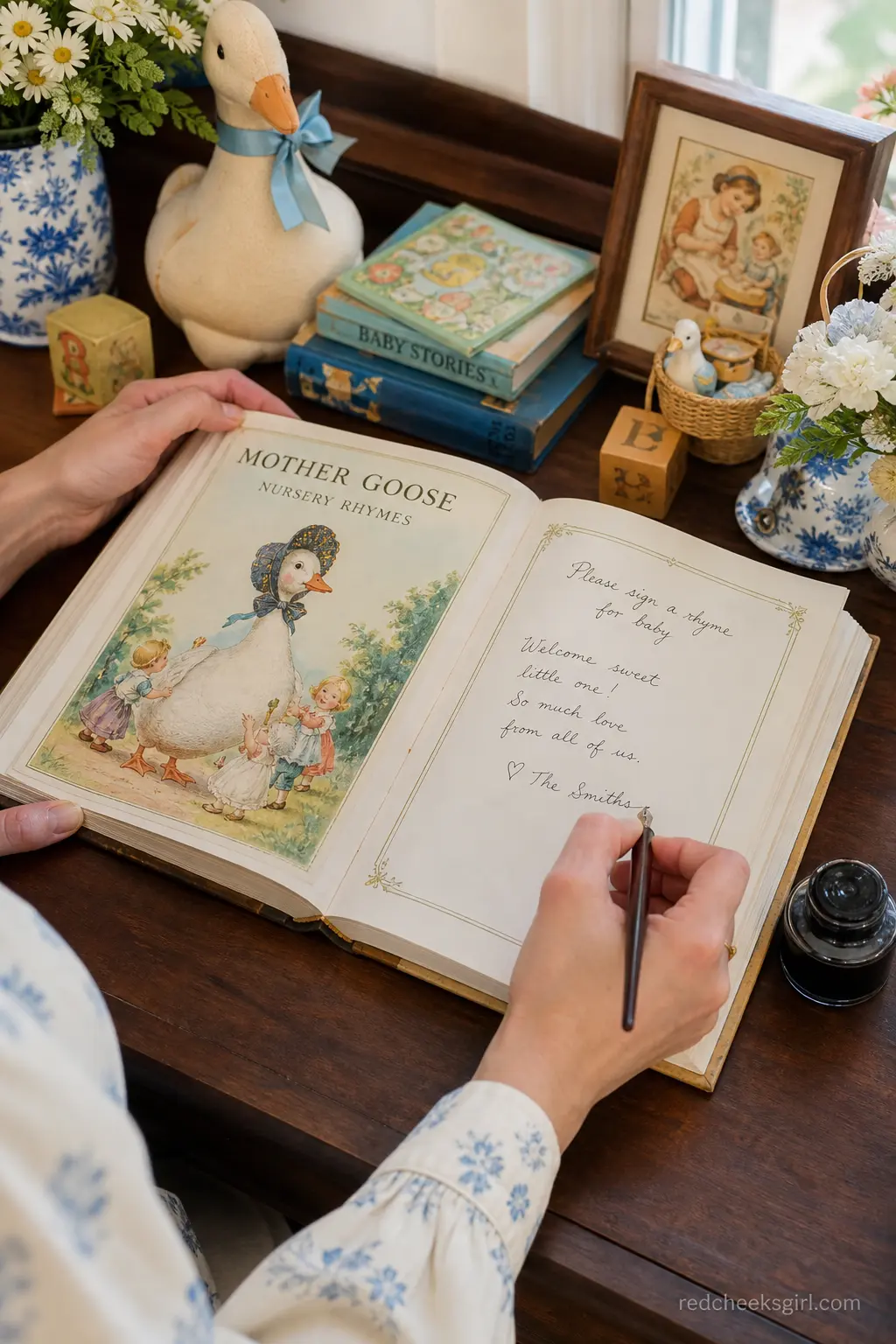 Mother Goose Storybook Guest Book — Instead of a blank guest book, a vintage copy of Mother Goose nursery rhymes sits open on a small desk, with a classic dip