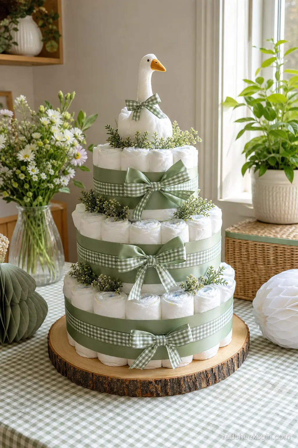Sage and Gingham Diaper Cake — A tiered diaper cake wrapped in sage green ribbon and a narrow gingham band stands on the gift table, topped with one small