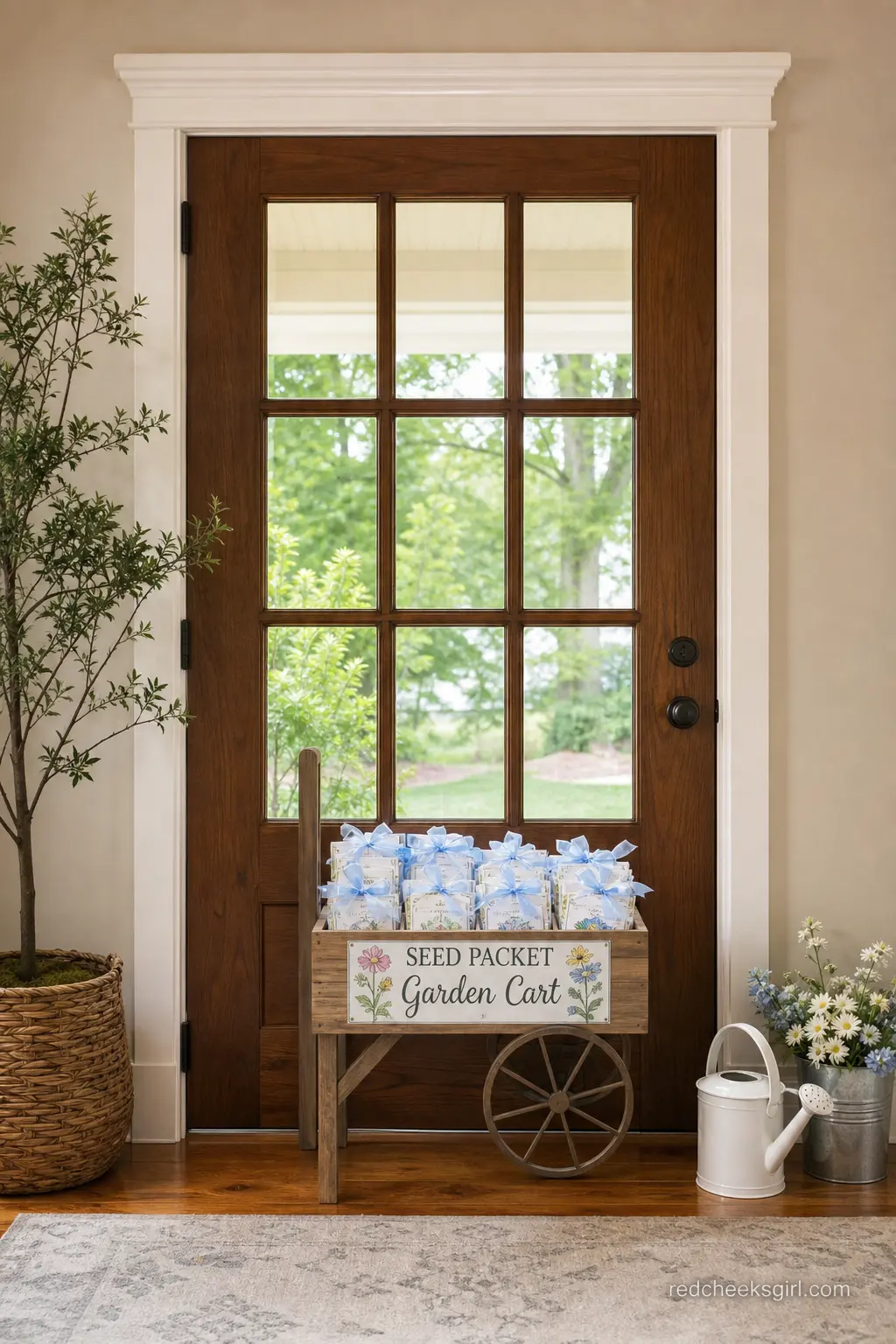Seed Packet Garden Cart — A small wooden cart or crate near the door holds rows of daisy and wildflower seed packets in white paper sleeves, tied loosely with