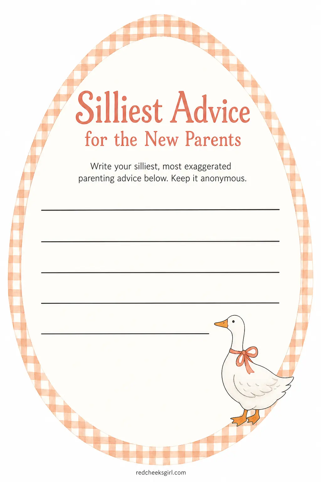 Silliest Parenting Advice, Read Aloud printable sheet — Every guest gets a small egg-shaped card and writes down their single silliest, most exaggerated piece