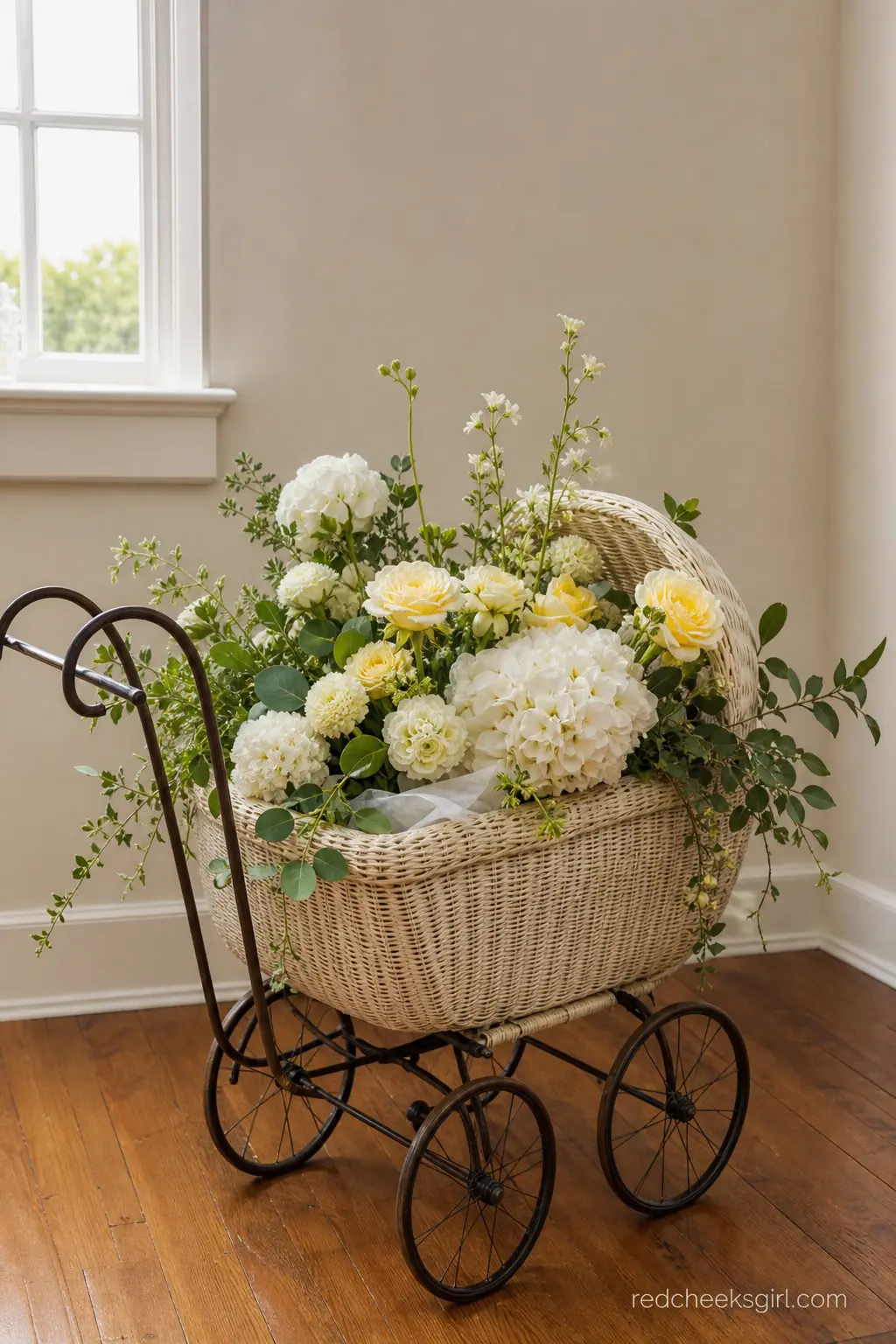 Vintage Pram Flower Stand — An old-fashioned baby pram, borrowed or thrifted, sits filled to overflowing with white and yellow blooms instead of a blanket