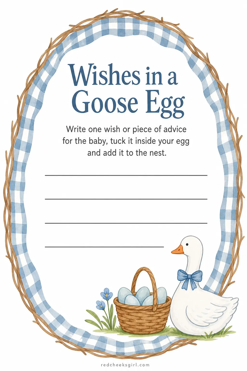 Wishes in a Goose Egg printable sheet — Every guest writes one wish, one piece of advice, or one prediction for the baby on a small slip, tucks it inside a