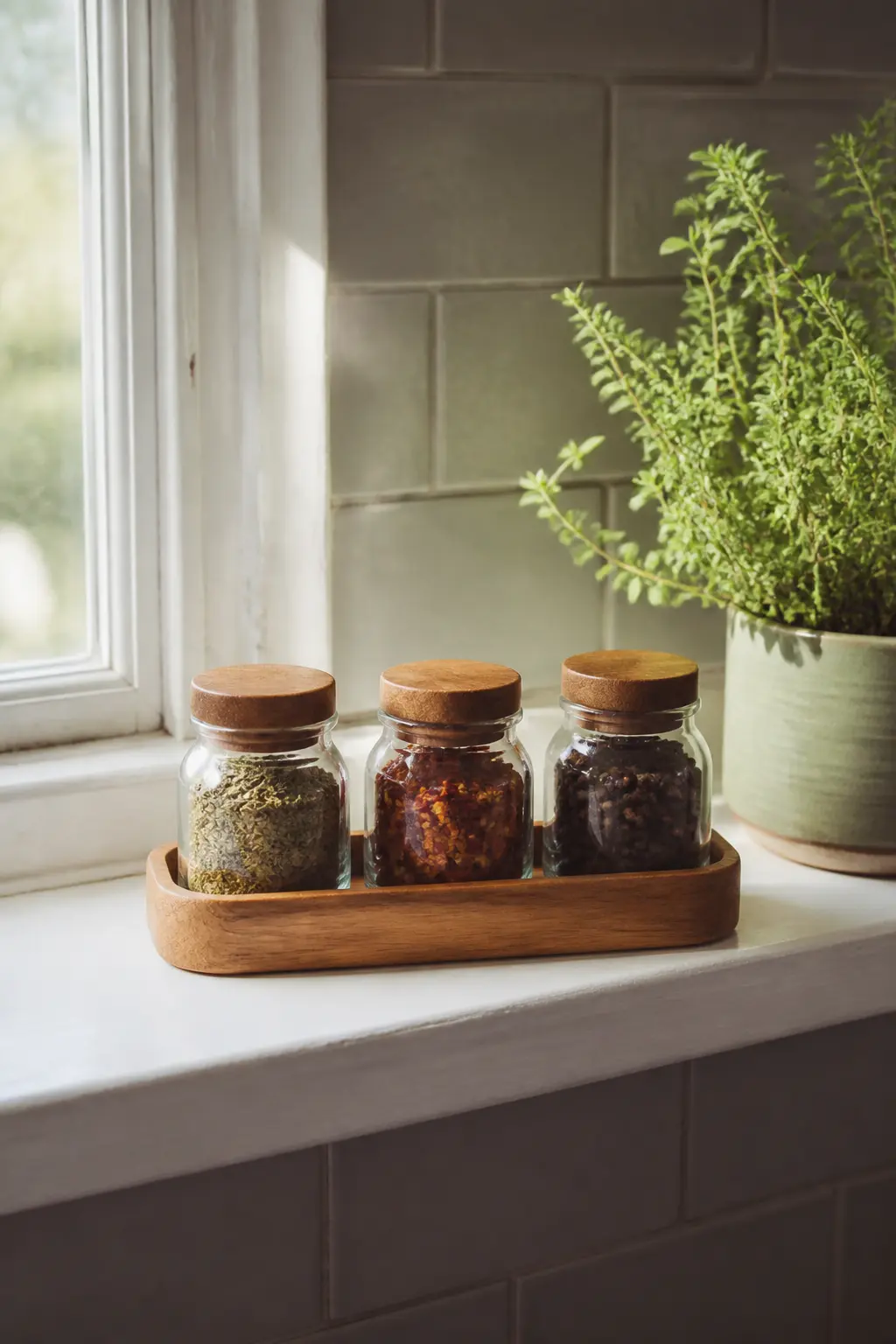 The Set of Three Matching Spice Jars in a Tray