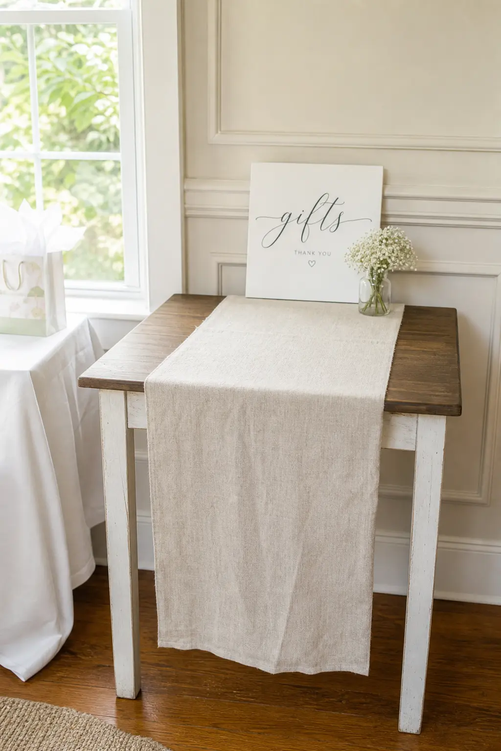 One Gift Table Styled with a Single Runner and a Sign