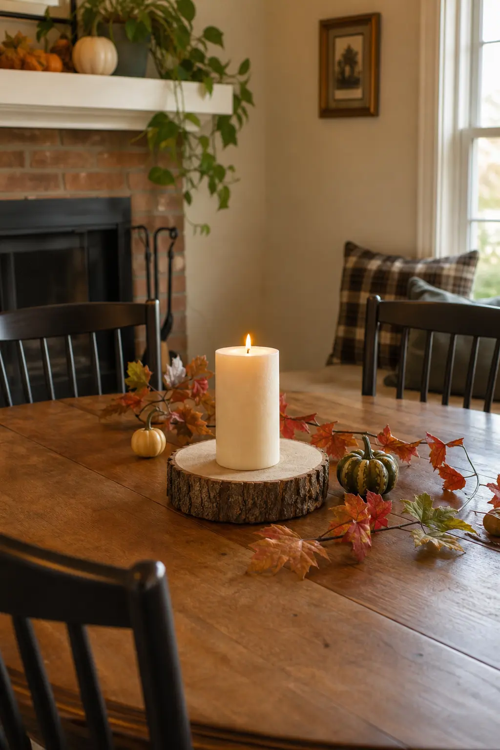 A Single Pillar Candle on a Slice of Log