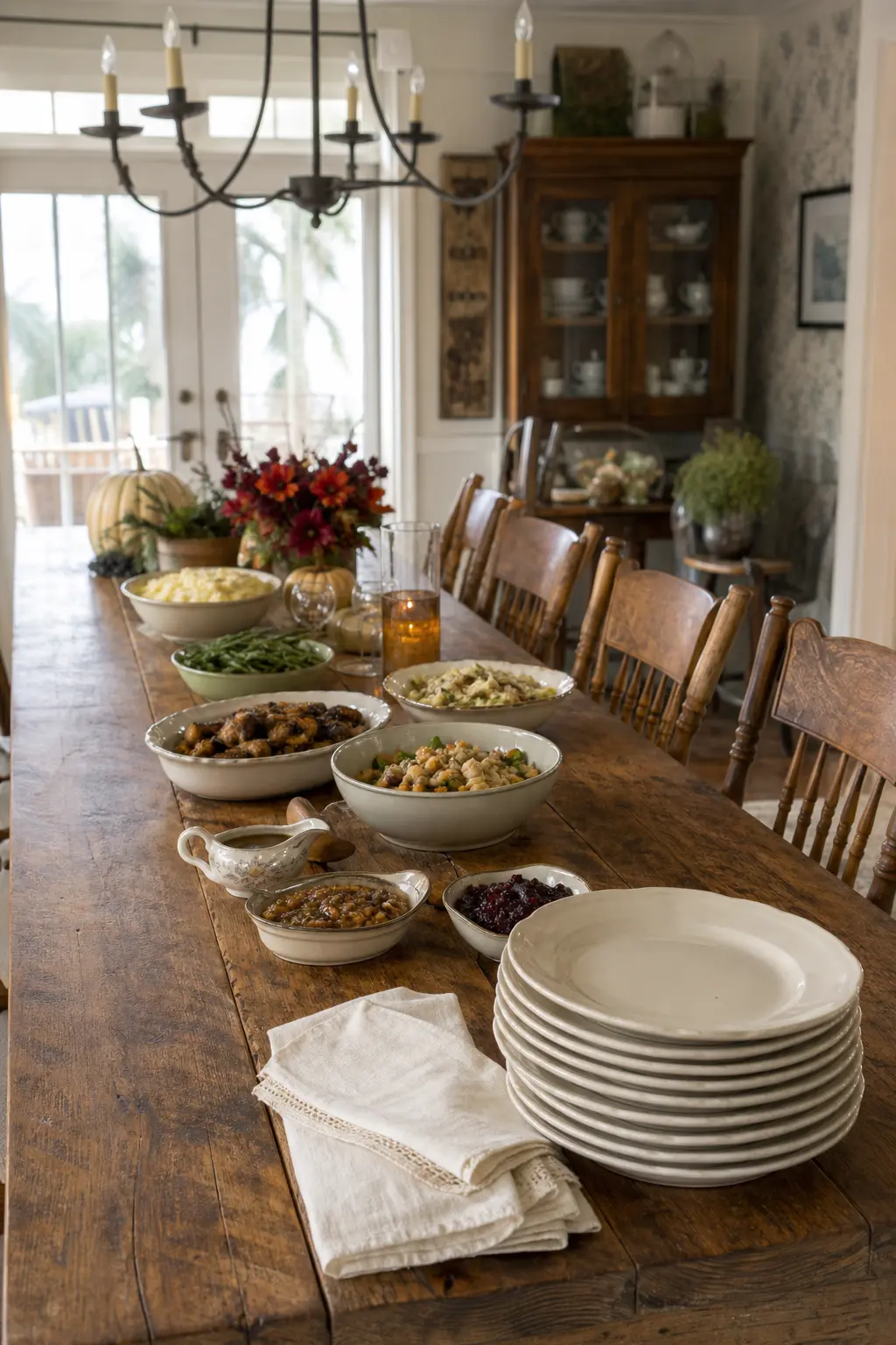 Stack of Plates at One End, Served Family Style