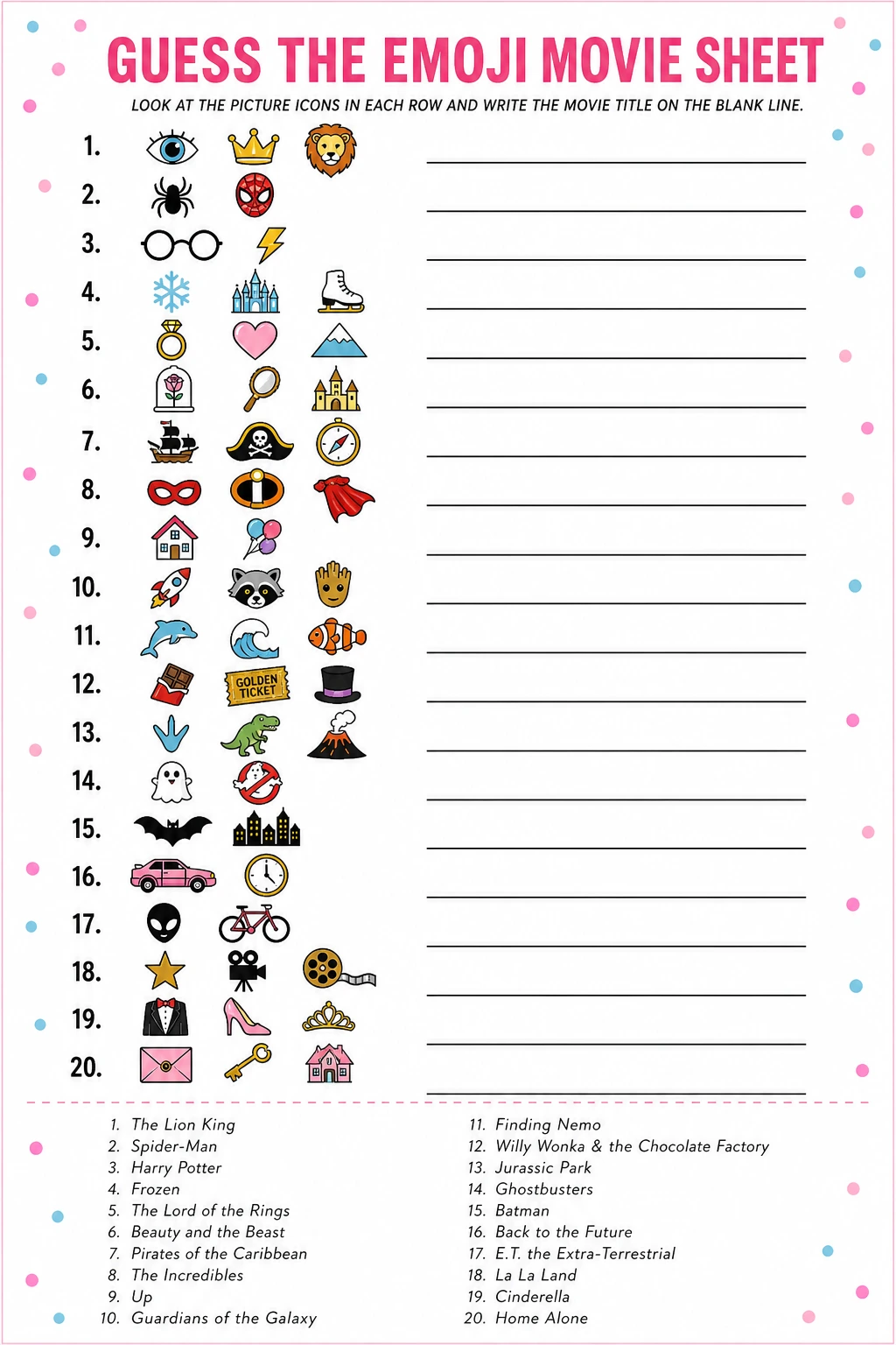 Guess the Emoji Movie Sheet printable