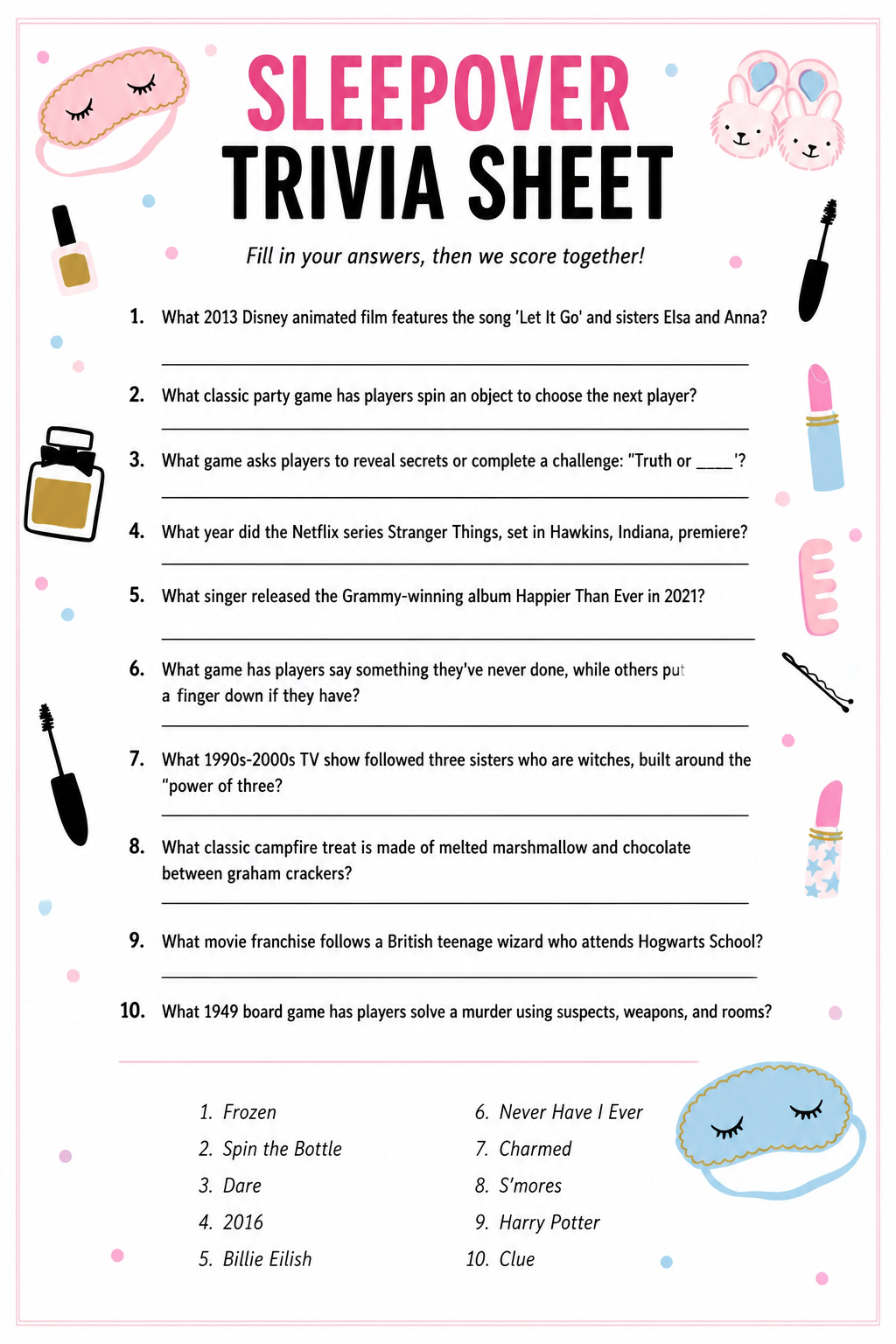 Sleepover Trivia Sheet printable