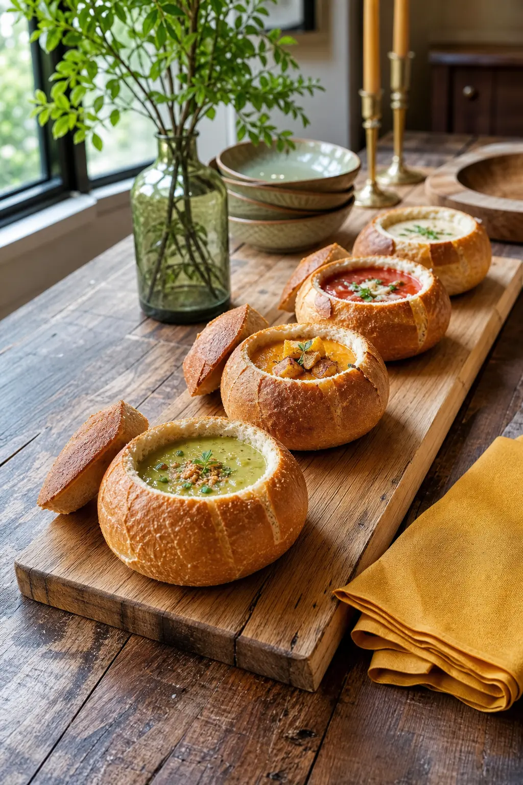 The Bread Bowl Board — Hollow out small round loaves and set them on one long wooden board down the table, ready to be filled straight from the pot. Soup party