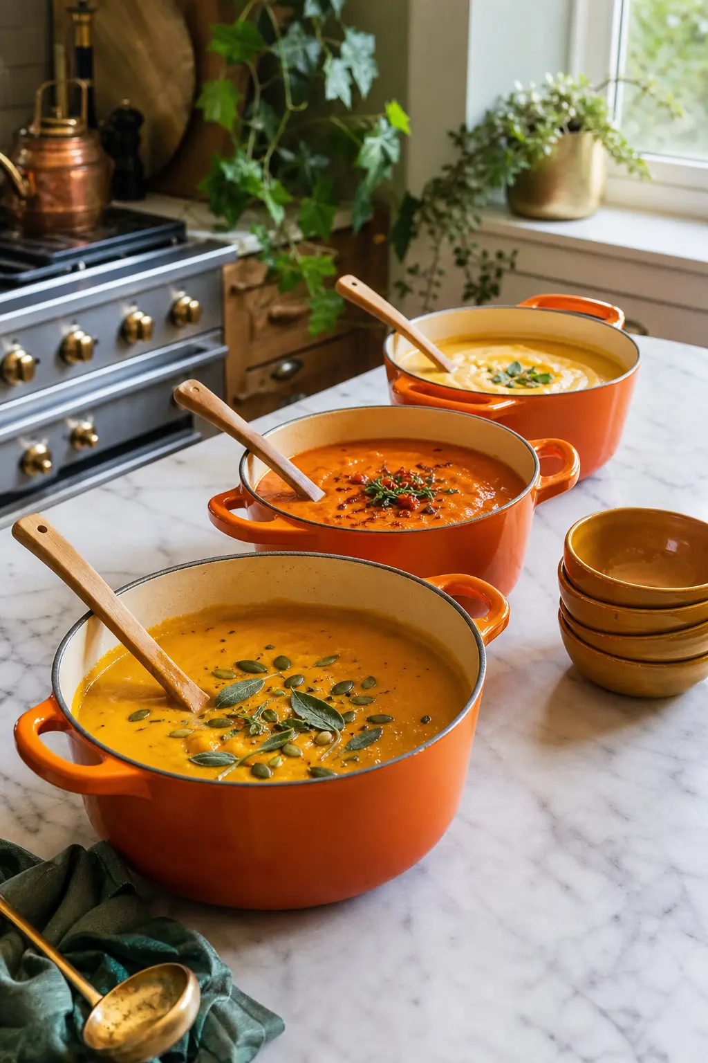 The Golden Squash Trio — Line up three shades of the same colour: a butternut squash soup, a plain pumpkin and a carrot ginger, each in its own pumpkin