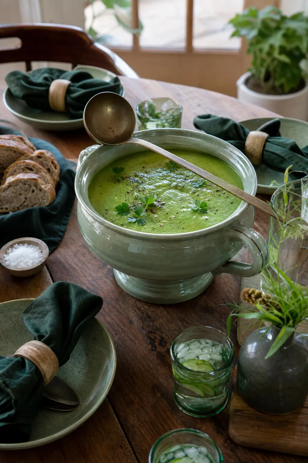 The Green Garden Blend — Balance the orange pots with something green: a broccoli cheddar, a leek and potato, or a bright pea soup ladled from a sage coloured