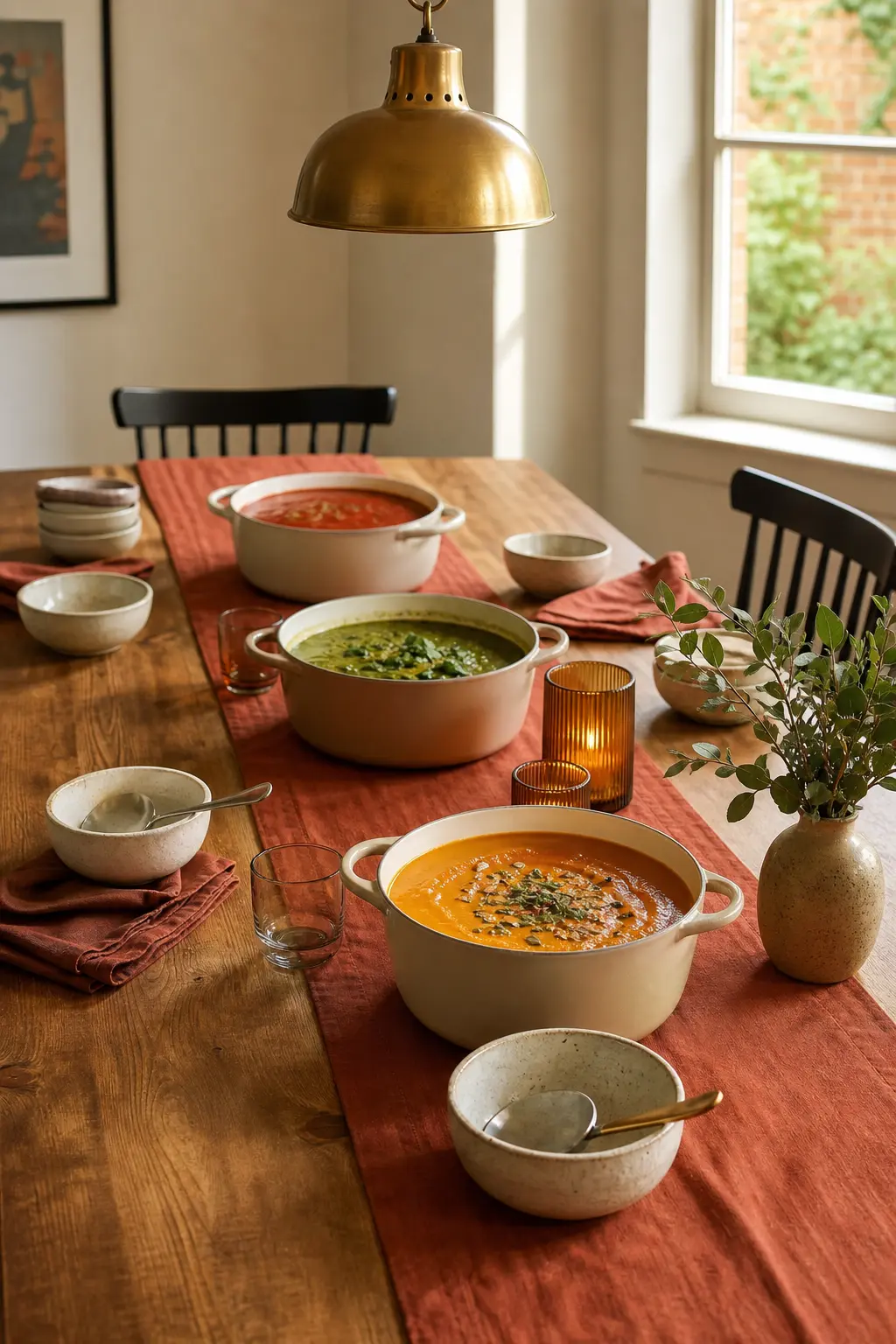 The Long Table Runway — Push the pots straight down the centre of the table instead of hiding them in the kitchen. Soup party ideas