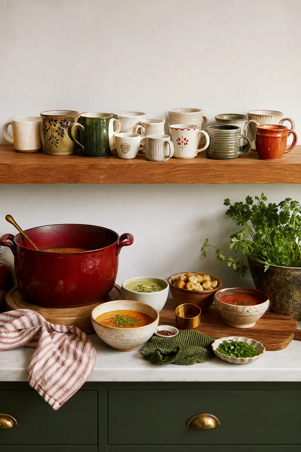 The Mug Wall Buffet — Line an open shelf with mismatched clay and cream mugs instead of matching bowls. Soup party ideas
