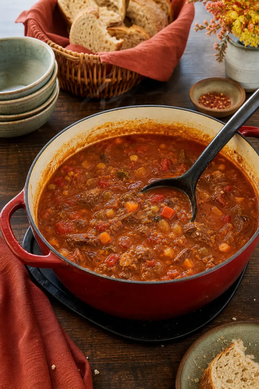 The Slow Red Stew — Every table needs one pot that reads as the main event: a beef and red wine stew or a smoky chili, deep brick red and thick enough to stand