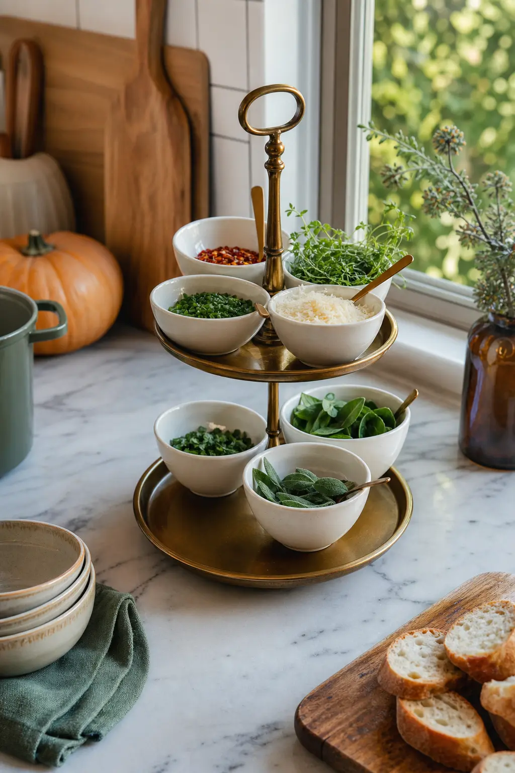 The Tiered Topping Bar — I actually find that people end up gathering around the table and talking about the toppings more than the soup itself. Soup party
