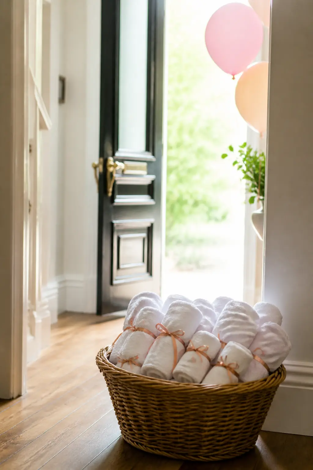 Rolled Towels in a Basket at the Door