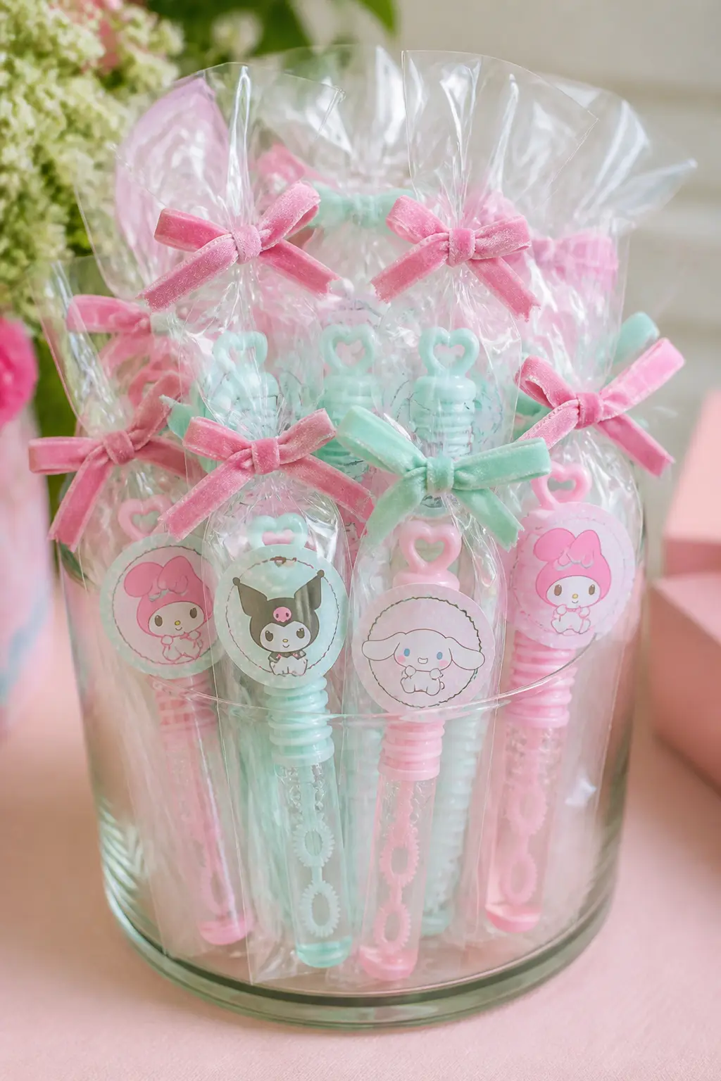 Bubble Wand Favour — A pastel-dipped bubble wand in a sealed clear bag with a character sticker on the front is a favour that costs almost nothing and gets