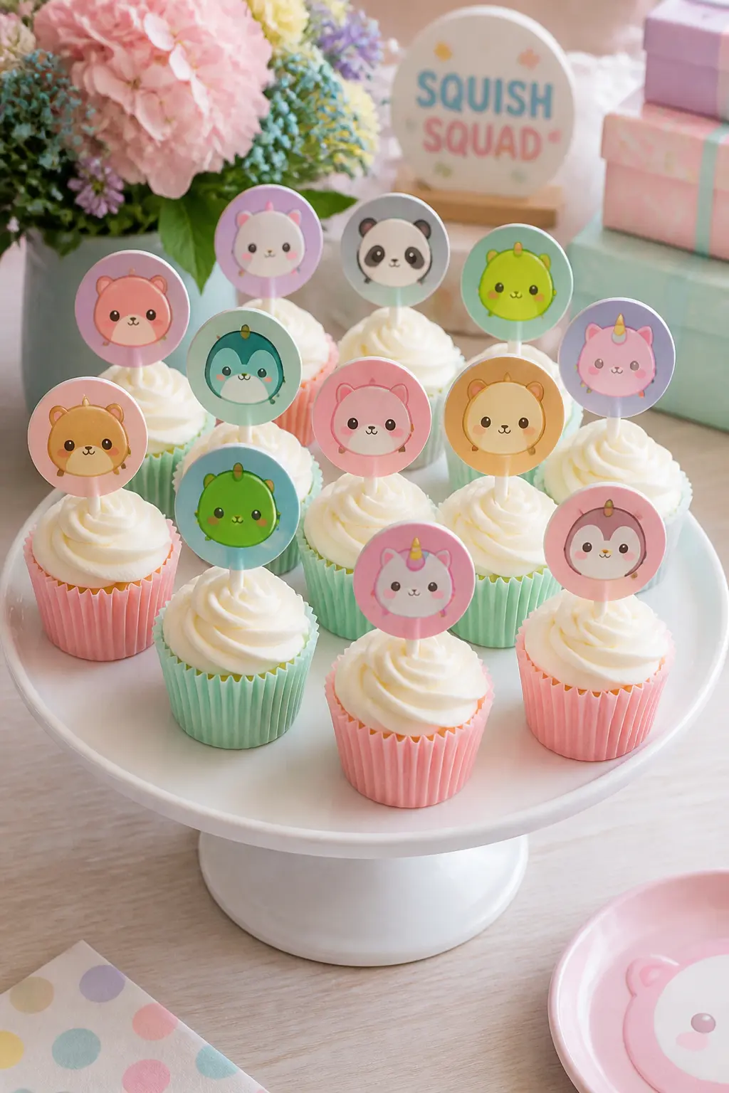 Character Cupcake Toppers — Printed card toppers on white lollipop sticks, each one showing a different character face in the party palette, take a plain iced