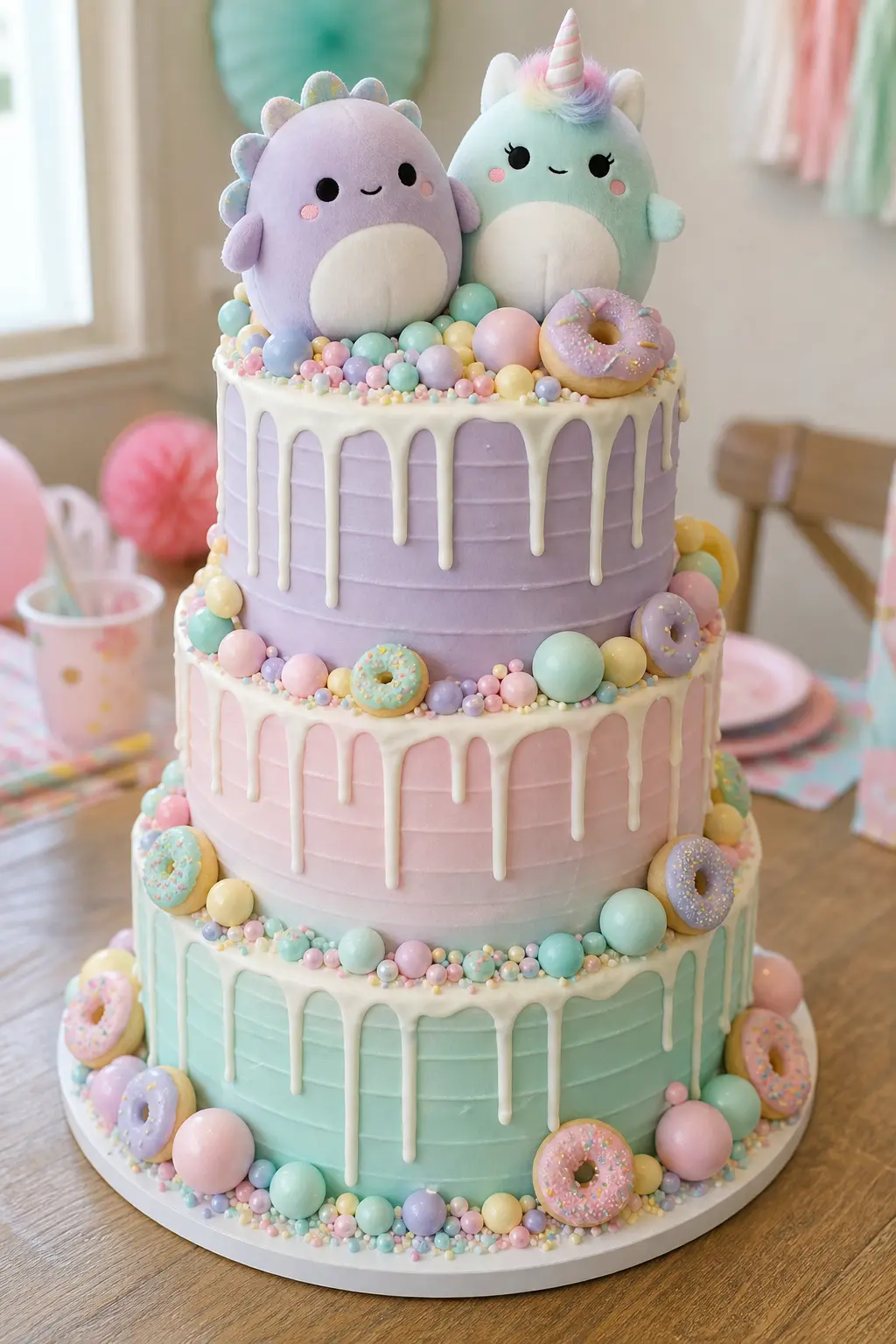 Character Drip Cake With Plush Toppers — A single tall cake is the right choice for this theme. Squishy birthday party ideas