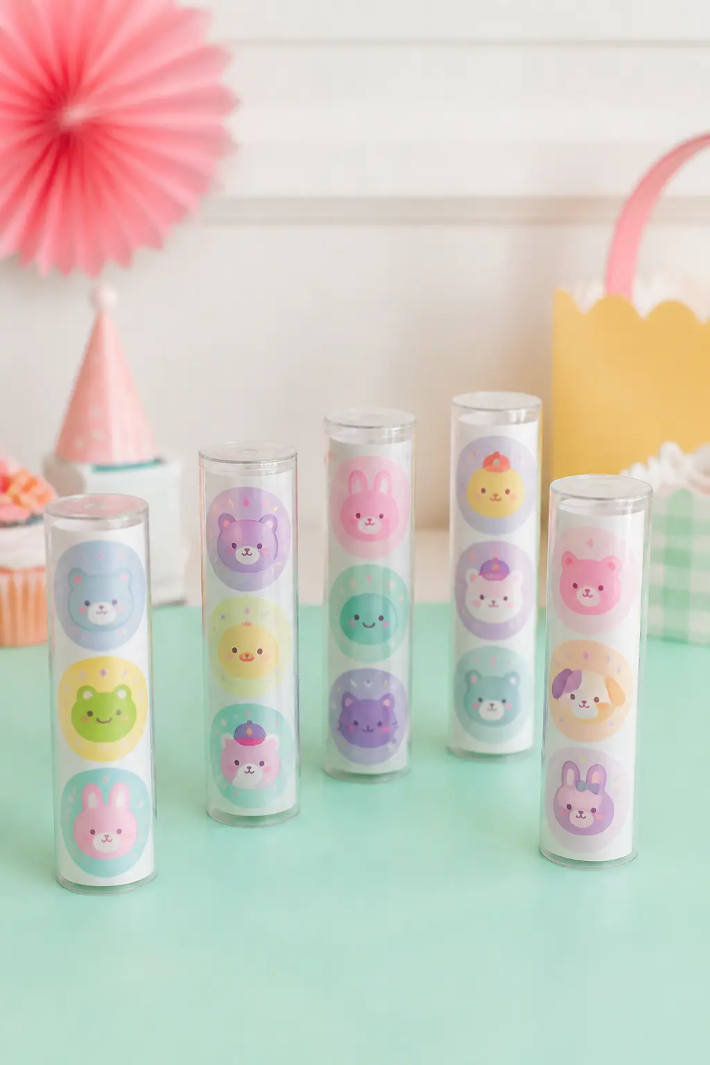 Character Sticker Sheet Favour — A custom sticker sheet featuring twelve to sixteen character faces, printed on glossy paper and rolled inside a clear cylinder