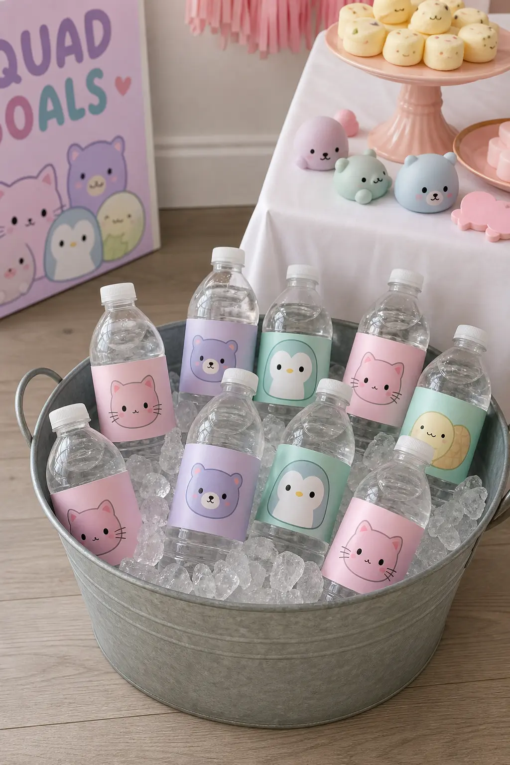 Character Water Bottle Labels — A printed label wrapped around a standard 500 ml water bottle transforms a utility item into part of the decor. Squishy