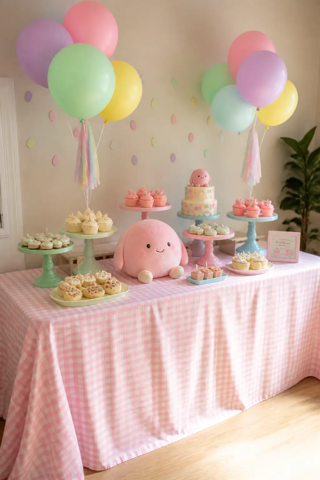 Dessert Table With Staggered Stands — The foundation of a Squishmallow dessert table is height variation. Squishy birthday party ideas