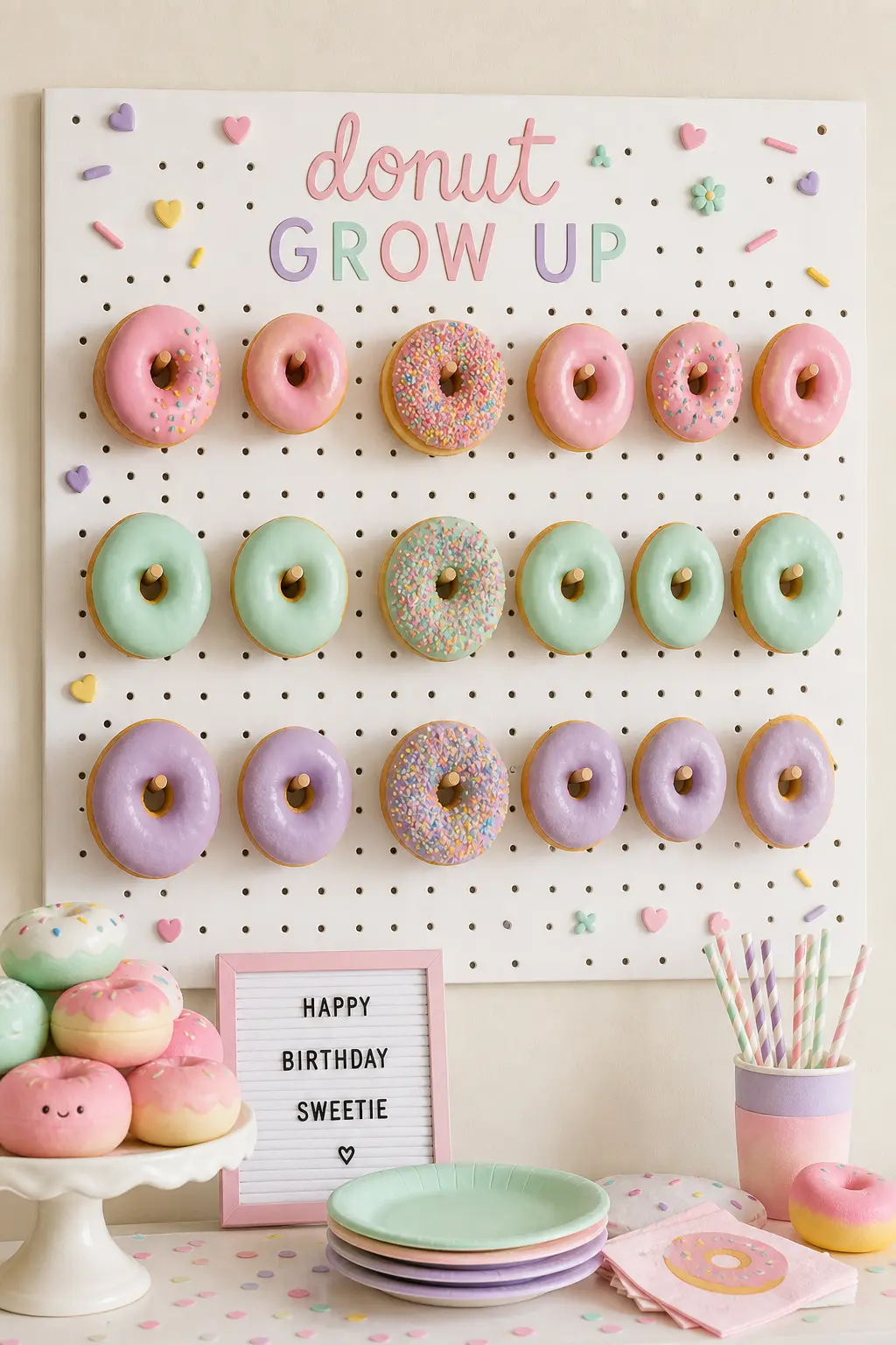 Donut Wall Display — A white pegboard donut wall, each peg holding one iced ring donut, is the vertical dessert element this table needs when the balloon