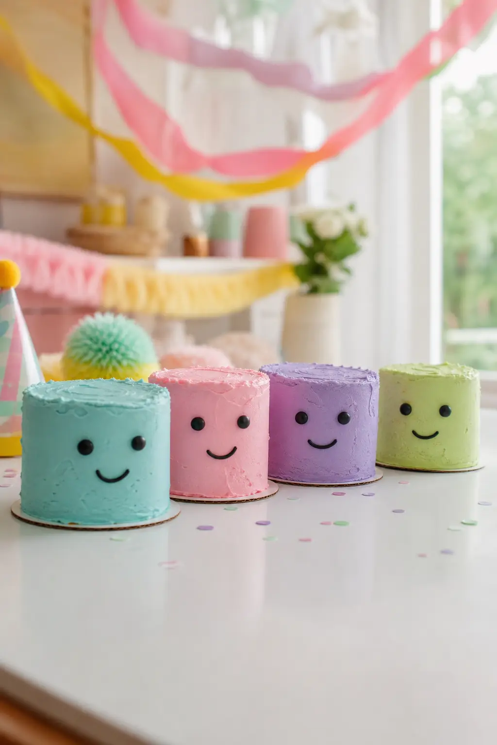 Individual Character Smash Cakes — For a first birthday or a party of multiples, individual 10 cm smash cakes, each one decorated as a different character