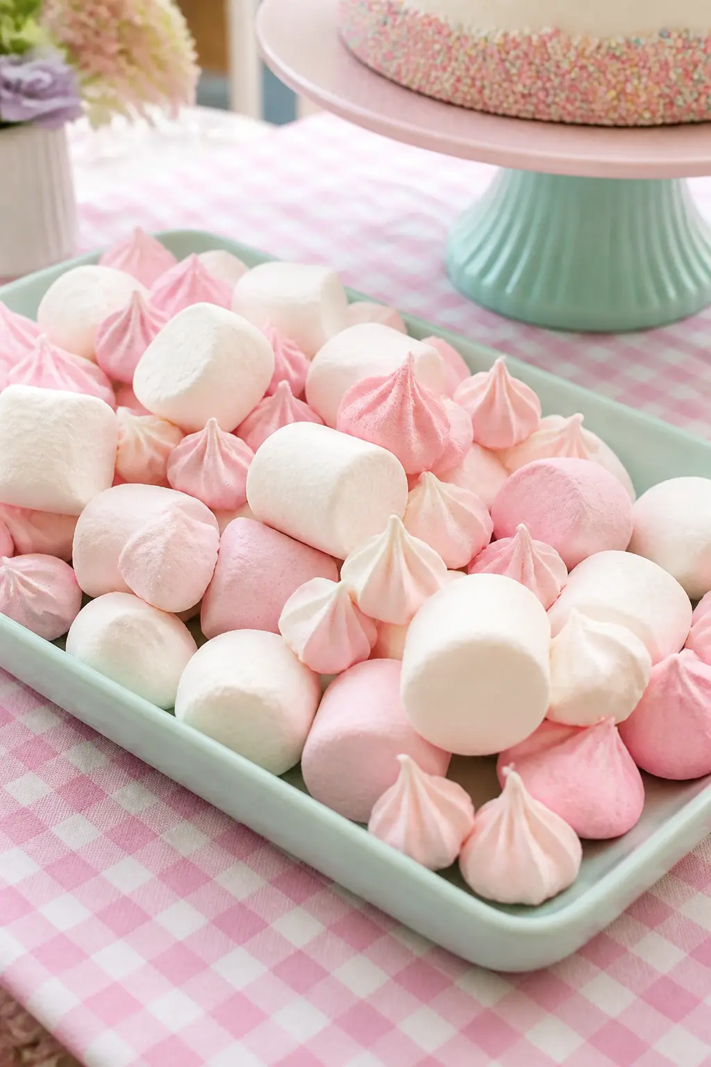 Marshmallow and Meringue Treat Tray — Jumbo marshmallows and mini meringue kisses in blush and mint need no decoration to look at home on this table. Squishy