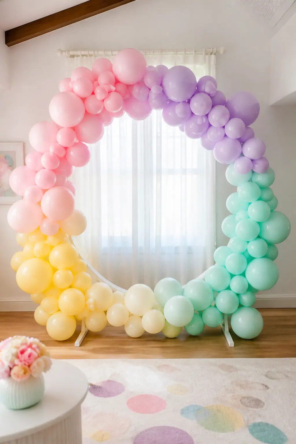 Ombre Pastel Balloon Garland Backdrop — A balloon garland that flows from pale pink on the left through lilac to mint on the right gives the photo backdrop a