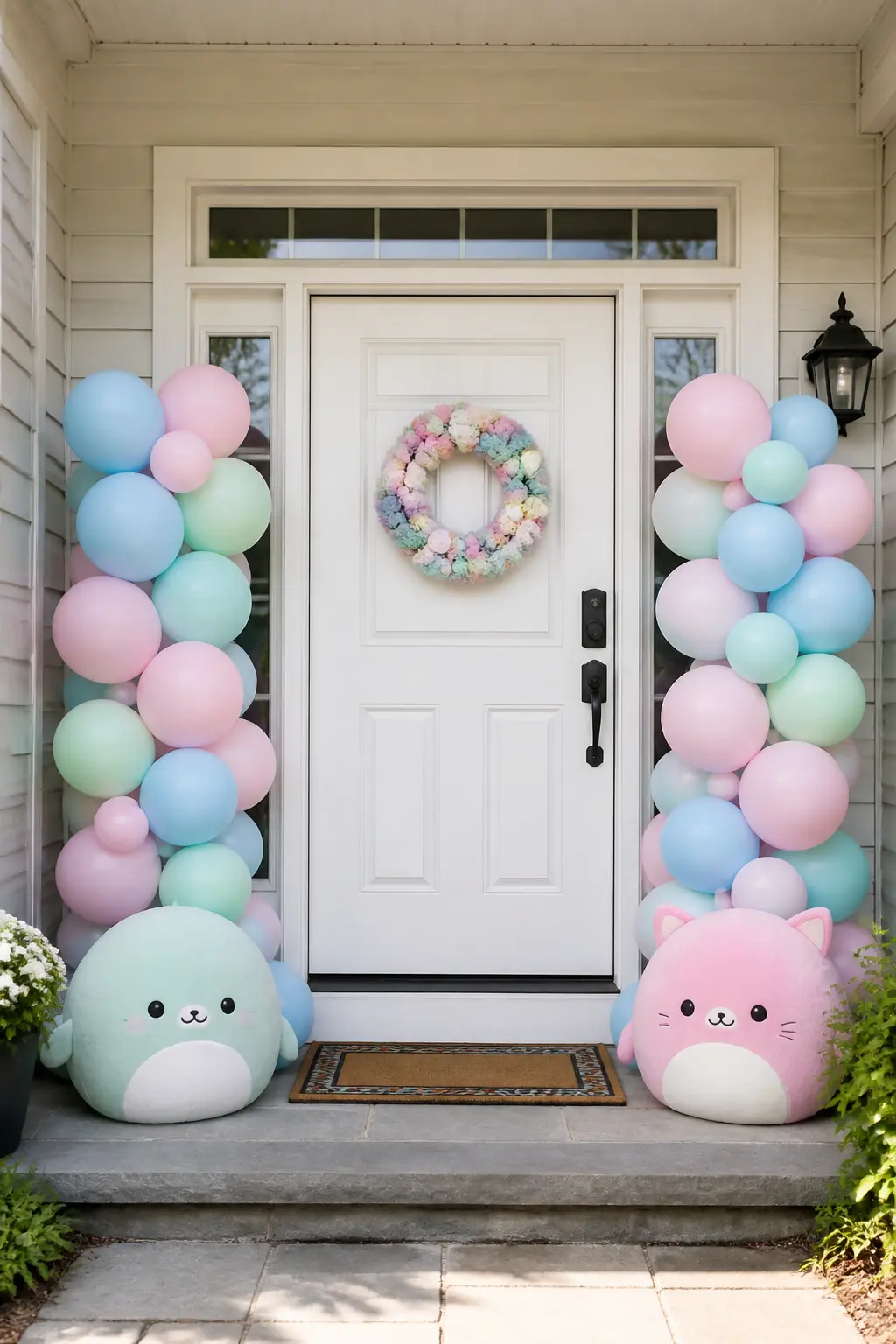 Pastel Balloon Cloud Entrance — A balloon cloud at the front door sets the palette before anyone walks inside. Squishy birthday party ideas
