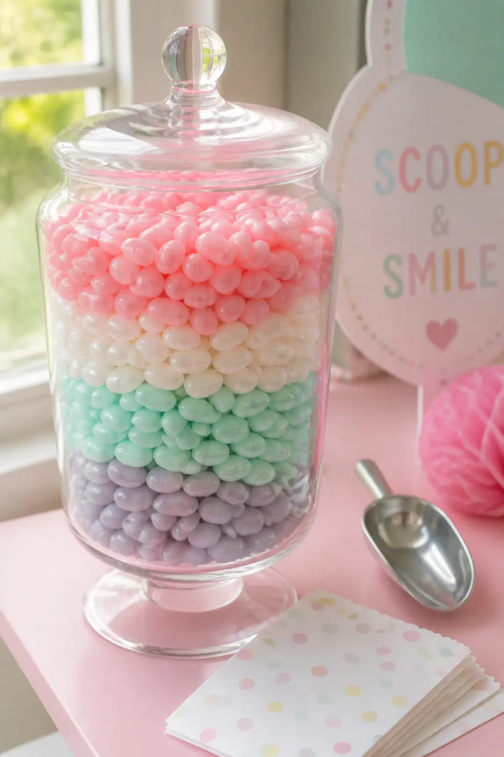 Pastel Jellybean Scooping Station — A clear apothecary jar filled with pastel jellybeans, a small scoop and a stack of glassine bags: this station does double