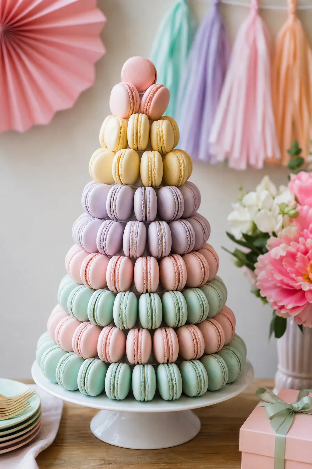 Pastel Macarons Tower — A macaron tower in five pastel shades, mint, blush, lavender, butter and white, stacked on a cone stand creates immediate vertical