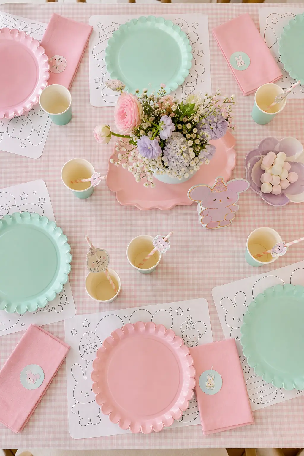 Pastel Paper Tableware Set — A coordinated set of pastel paper plates, cups and napkins in the party's four colours is worth buying as a set rather than mixing