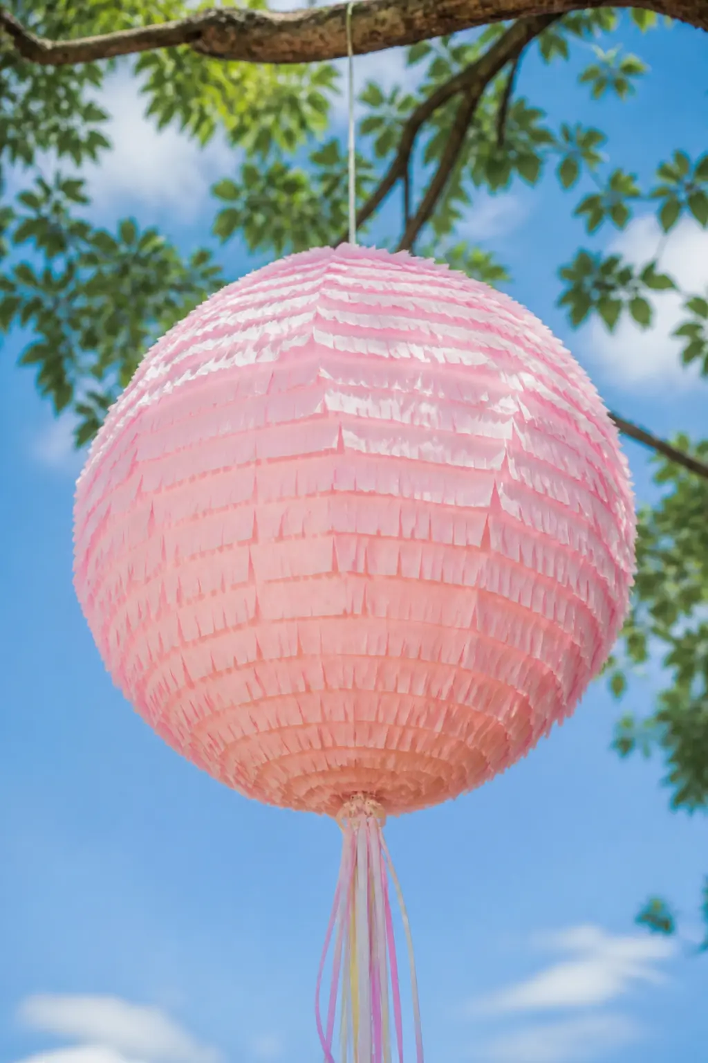 Pastel Pinata — A round pinata in pale pink crepe paper fringe, hung from a tree branch or a doorway, matches the circular shape of the characters without