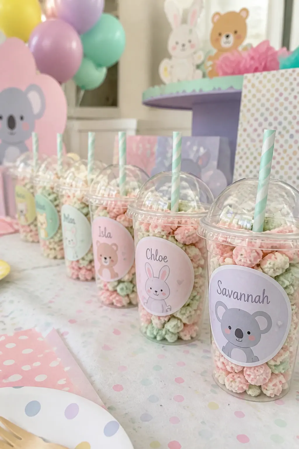 Personalised Character Cup With Lid — A clear plastic cup with a domed lid, a pastel paper straw and a custom sticker showing a character face with the child's