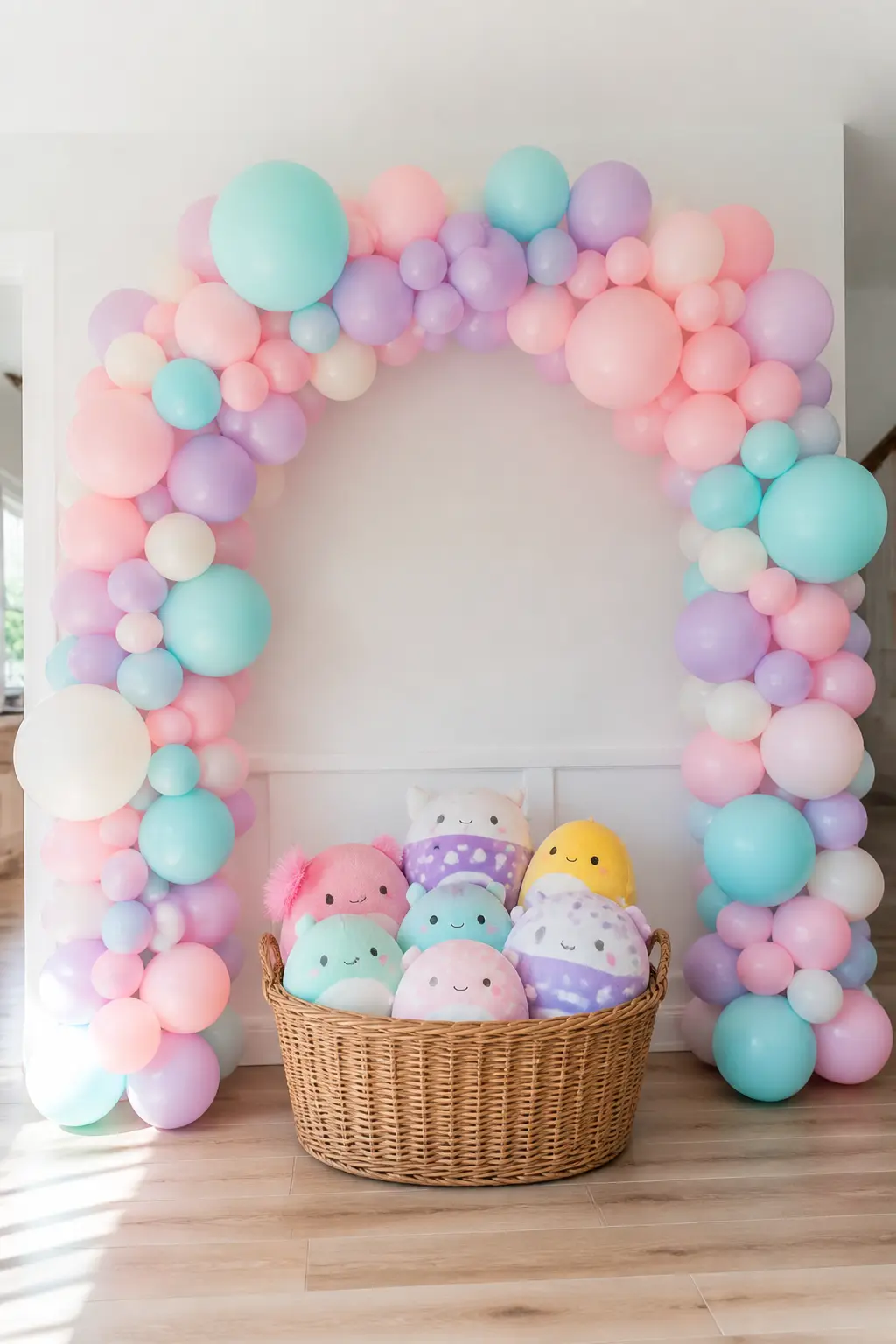 Photo Backdrop With Plush Prop Basket — A framed balloon backdrop with a wicker basket of plush characters in front of it is the simplest photo station that