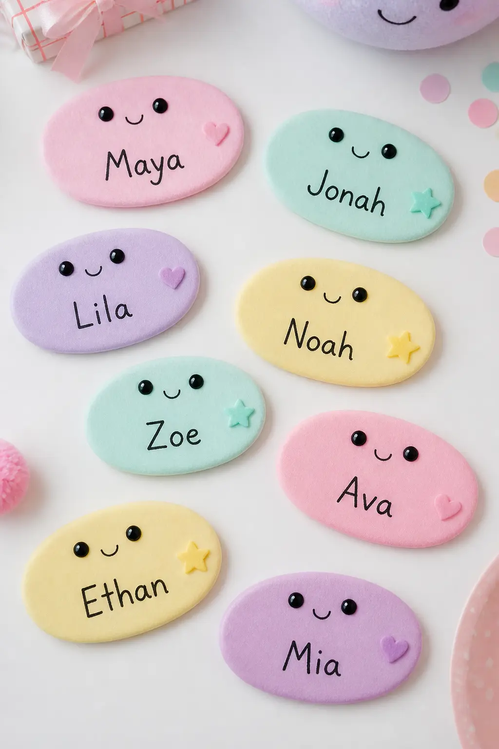 Plush Character Name Tags — Cut name tags from pastel card stock in the rounded oval shape of a character body, add two small dot stickers for eyes and a