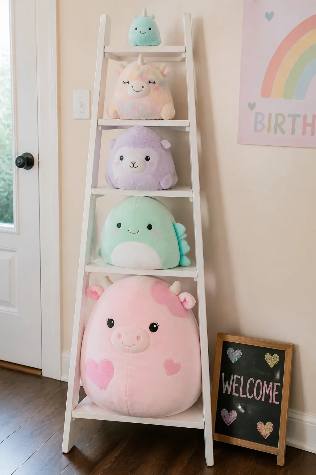 Plush Character Welcome Display — Group five or six different sized Squishmallows on a small tiered wooden ladder shelf beside the entrance. Squishy birthday