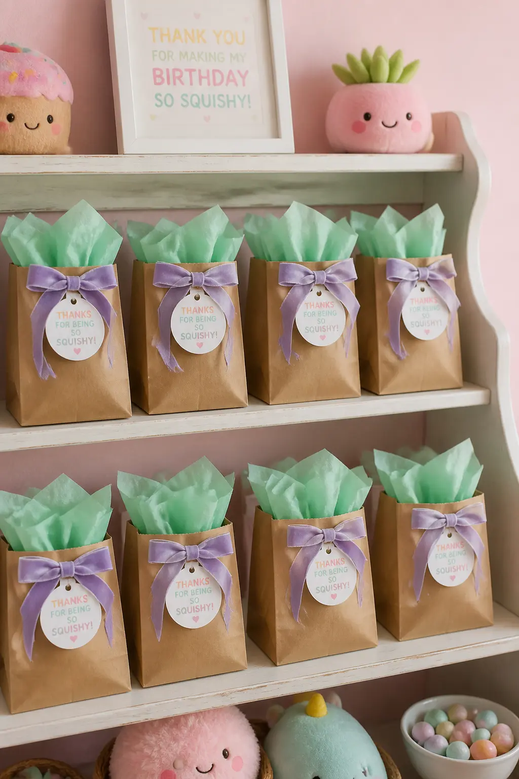 Plush Favour Bags — A small Squishmallow clip, a character cookie and a packet of pastel jellybeans fit inside a kraft paper bag with a mint or lilac tissue