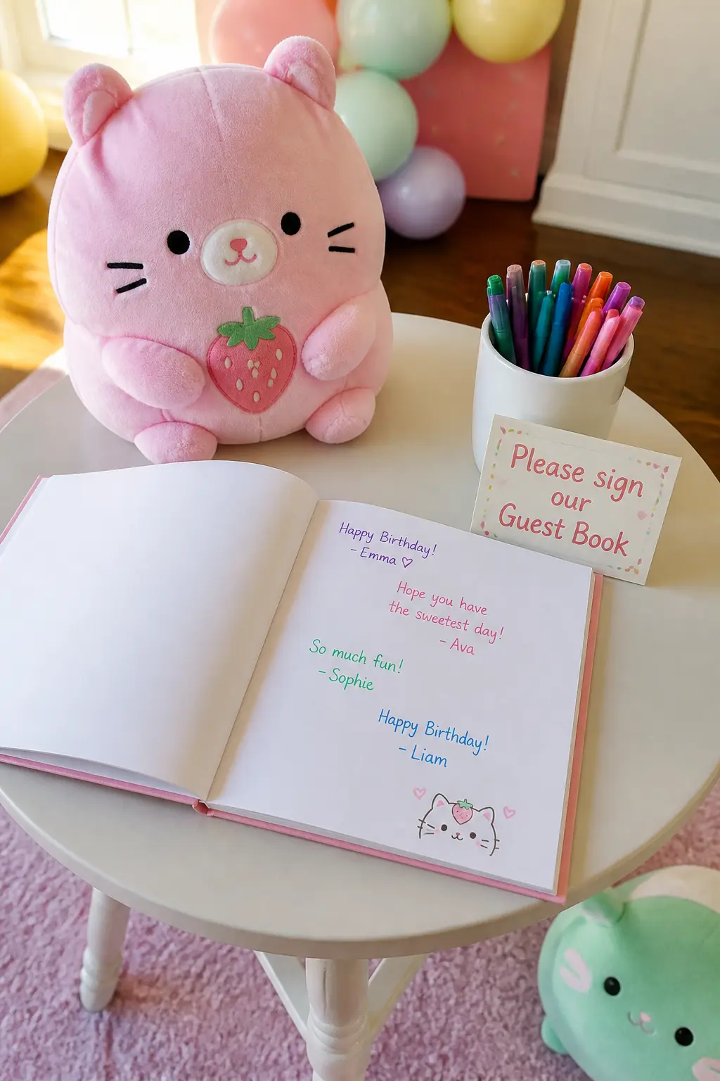 Plush Guest Book Station — A large format blank white book with a plush character sitting on top of it, a cup of fine-tip markers in the party colours and a